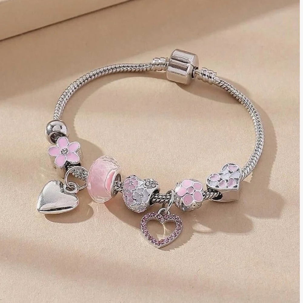 Pink and Silver Heart Charm Bracelet